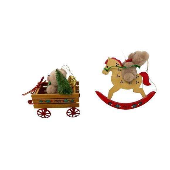 Vintage Christmas Wagon & Rocking Horse with Bears Ornament - dated 1987 - Picture 3 of 6